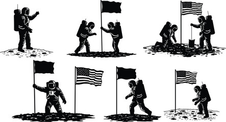 Astronauts Planting Flags on Moon Surface Silhouettes, Space Exploration, First Steps, American Flag, Apollo Mission and Science Icon Set, Vector

.