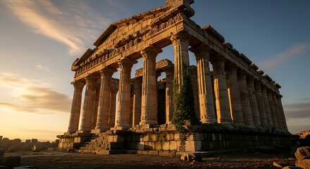 Obraz premium Ancient Greek Temple Ruins at Sunrise.