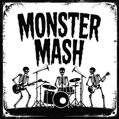 Spooky Skeletons Rock the Stage A Monster Mash Band Performance Illustration in Black and White for Halloween
