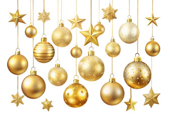 Assortment of gold christmas ornaments isolated on transparent background