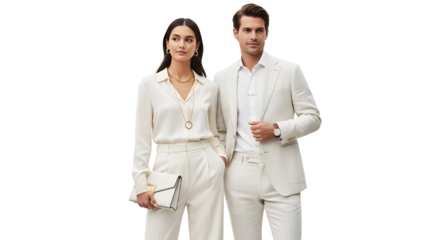 Elegant man and woman in formal white attire posing confidently against a white background