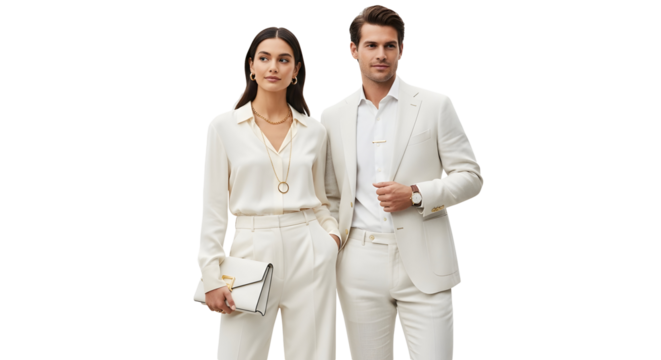 Elegant man and woman in formal white attire posing confidently against a white background
