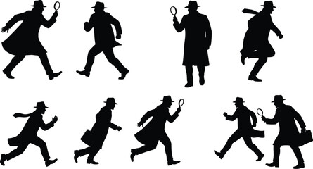 Classic detective silhouette collection, film noir style, private investigator, spy, secret agent, mystery, criminal investigation, vintage espionage, searching, magnifying glass, running, walking.