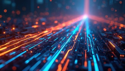 Abstract tech photo of data streams on circuit board. Digital information flow concept with lines of code. Internet data transfer visualization in cyberspace.
