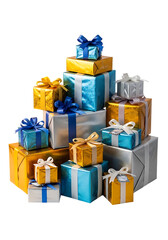 Obraz premium A stack of colorful gift boxes wrapped in shiny paper and tied with ribbons, isolated on transparent background the presents are arranged in a pyramid shape, creating a festive and celebratory display