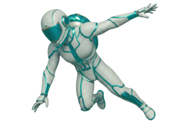 Isolated futuristic superhero in action pose against neutral backdrop, ready to save