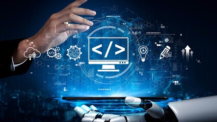 Modern web development concept featuring coding symbols, web development process, web development...