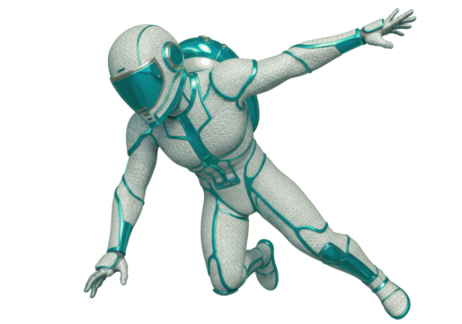 Isolated futuristic superhero in action pose against neutral backdrop, ready to save