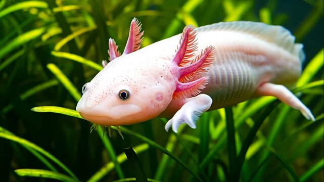 A close-up of a pink leucistic axolotl underwater in an aquarium. The cute aquatic amphibian with feathery gills rests among green plants. Exotic pet and wildlife concept