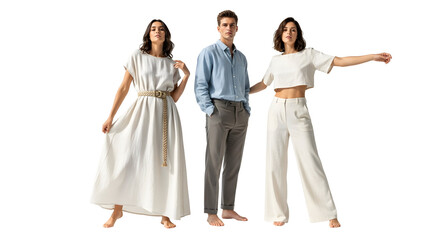 Three stylish young adults posing in comfortable, minimalist clothing on a white background, showcasing a modern fashion aesthetic