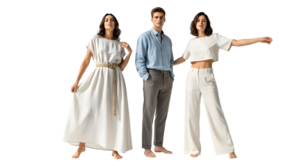 Three stylish young adults posing in comfortable, minimalist clothing on a white background, showcasing a modern fashion aesthetic