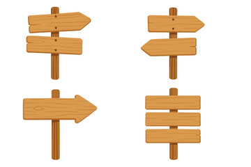Set of wooden signposts. Cartoon arrow signs for direction and guidance. Vector collection of empty wood planks and pointers for navigation, choice, and wayfinding concepts.