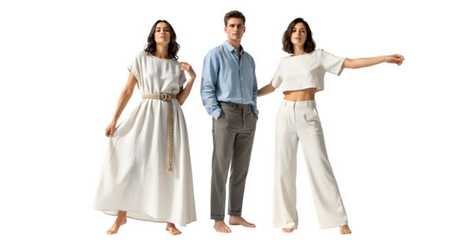 Three stylish young adults posing in comfortable, minimalist clothing on a white background, showcasing a modern fashion aesthetic