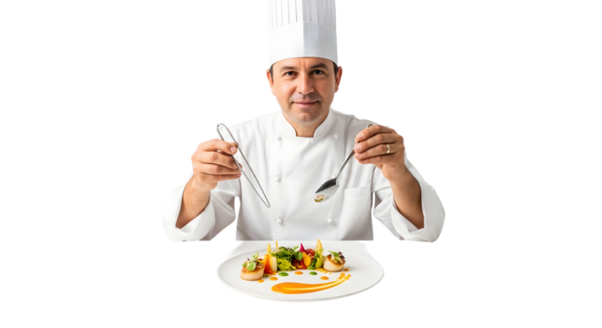 A professional chef presents a beautifully garnished seafood dish on a white background, ready for serving