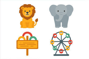 Cute cartoon animal and amusement park icon set. Vector illustration of a lion, elephant, ring toss game, and Ferris wheel. Isolated objects for zoo, circus, or funfair.