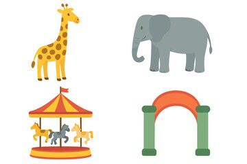 Cute cartoon vector icon set for zoo or amusement park. Isolated flat design elements: giraffe, elephant, merry-go-round carousel, and entrance arch. Wild safari animals.
