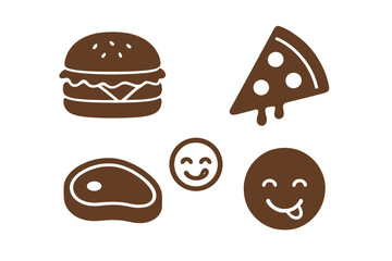 Set of isolated fast food icons. Hamburger, pizza slice, and steak symbols. Yummy and delicious food concept with smiling and tasty face emoji. Vector for hunger and craving.