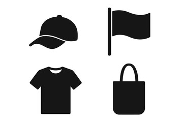 Promotional products icon set. Merch and textile logo templates. Blank t-shirt, baseball cap, tote bag, and flag. Vector silhouette for branding, advertising, and marketing.