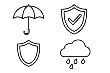 Protection and security linear icon set. Umbrella for rain, shield with checkmark for safety and guarantee. Insurance, defense, risk, and weather concepts. Vector outline icons.