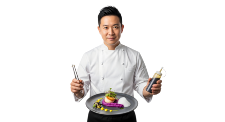 A chef in a white uniform holding a squeeze bottle and a whisk while presenting a finely plated dish with purple puree and garnishes