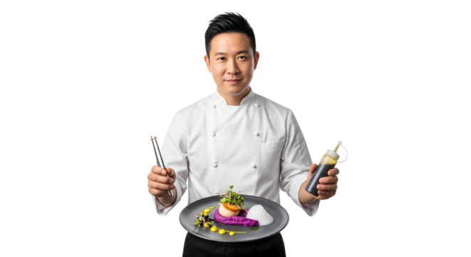 A chef in a white uniform holding a squeeze bottle and a whisk while presenting a finely plated dish with purple puree and garnishes