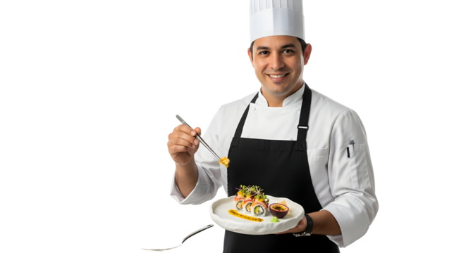 Happy Chef proudly presenting a beautifully arranged sushi platter in a white studio setting, celebrating culinary artistry and delicious food preparation