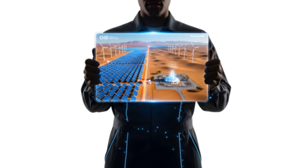 Technological innovation in renewable energy displays futuristic solar farm and power plant on a transparent screen held by person