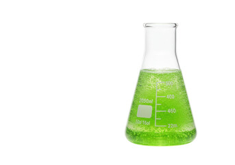 Isolated green liquid in a laboratory flask used for scientific studies and experimentation