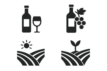 Wine icon set vector glyph symbols. Wine bottle, glass, grapes, vineyard landscape with sun and field with sprout. Agriculture, farming and viticulture concept illustration.