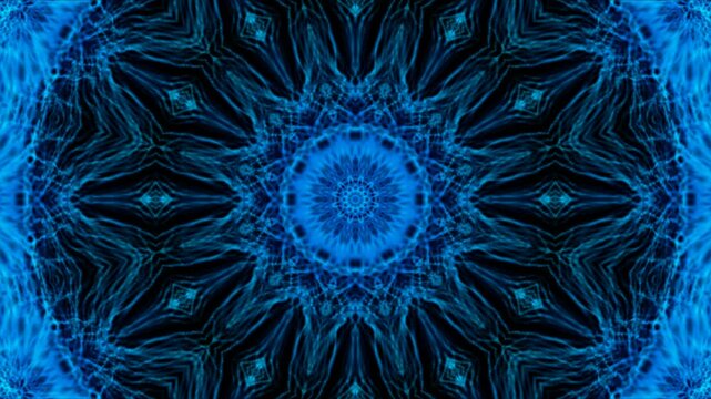 Blue digital floral energy kaleidoscope animation with glowing fractal waves and futuristic symmetry