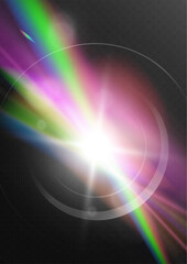 Magic rainbow light prism flare with bright glow and bokeh effect.