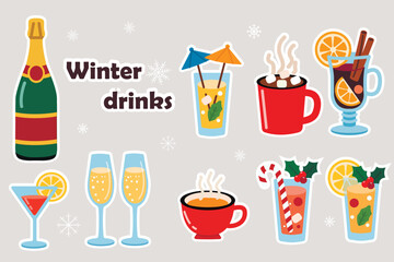 A set of Christmas stickers with festive drinks: a bottle of champagne, glasses of sparkling wine, mulled wine with orange and cinnamon, hot chocolate with marshmallows