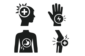 Body pain and injury icon set. Medical and healthcare glyphs. Headache, stomachache, hand pain, knee joint arthritis. Human anatomy symptoms. Medicine, treatment vector symbols.