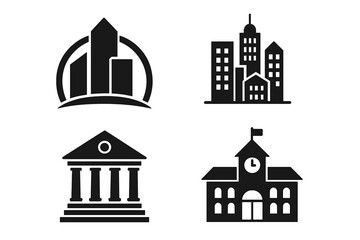 Building icon set for real estate, finance, and education. Vector collection of municipal symbols like city skyline, bank, courthouse, and school. Simple glyphs for logo design.
