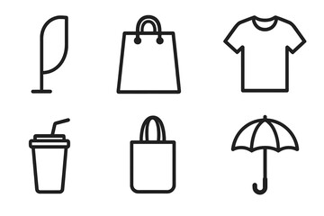 Set of promotional products vector icons. Merch for corporate identity and branding. Line art of t-shirt, shopping bag, umbrella, beach flag, cup. Giveaway items symbol.