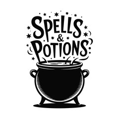 A Whimsical Brew Black and White Spells and Potions Cauldron Illustration with Stars and Dots Magic