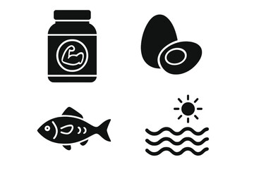 Protein sources and sea life icon set. Vector glyph collection for fitness, nutrition, and healthy diet. Includes whey supplement, eggs, fish, and ocean wave with sun symbols.