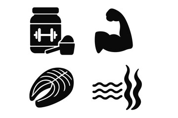 Protein sources icon set. Bodybuilding supplement, whey powder, muscle arm, salmon fish steak and seaweed. Nutrition for fitness, gym workout and healthy diet vector glyphs.