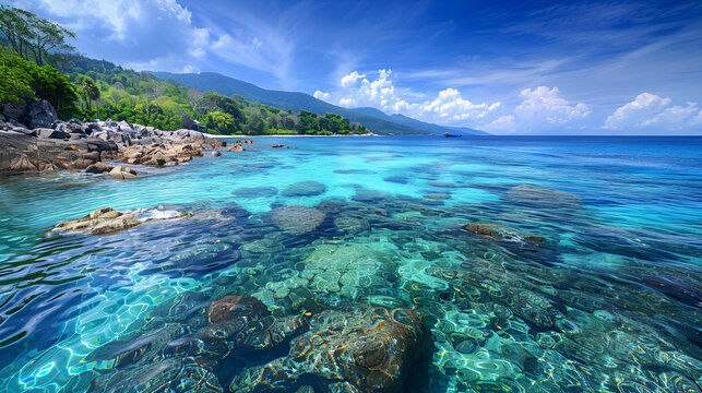 A scenic view of a tropical beach with clear turquoise water and lush green vegetation on the shore - Powered by Adobe