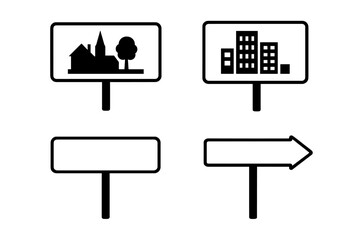Vector road sign icon set. City and village entrance signs. Blank directional arrow and placeholder. Municipal traffic symbol collection for location and navigation.