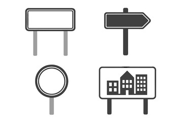Vector set of blank road signs. Empty street signpost collection with arrow, circle, rectangular shapes. Traffic direction and information concepts. City municipal signage template.