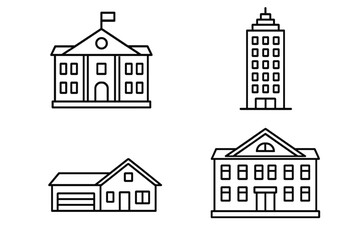 Building icon set vector. Real estate and architecture symbols. Thin line art collection of municipal courthouse, city skyscraper, suburban house, and school or university building.