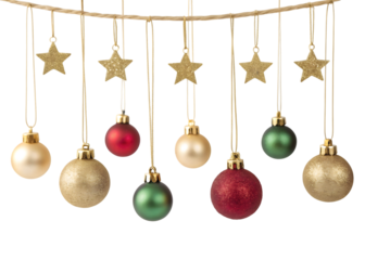 Hanging christmas ornaments and stars isolated on transparent background