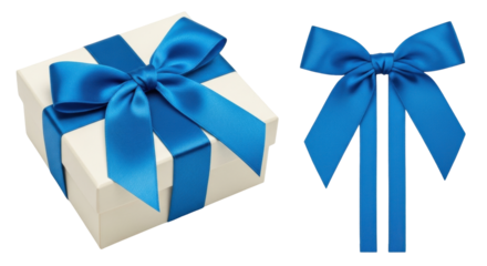 Isolated gift box with vibrant blue ribbon, festive tied bow for birthday and holiday presents