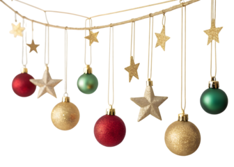 Assorted christmas ornaments and stars hanging isolated on transparent background