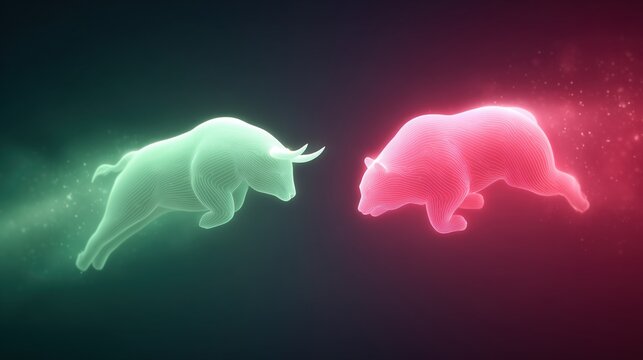 Holographic Bull vs Bear confrontation, symbolizing the struggle between rising (green) and falling (red) financial markets. - Powered by Adobe
