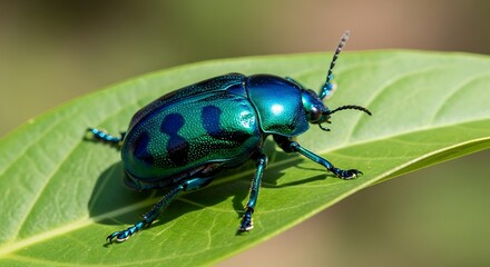 Fototapeta premium Close-up Macro Shot of a Metallic Green and Blue Beetle with Dark Spots on a Leaf