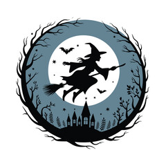 Whimsical Halloween Silhouette A Witch's Flight Under the Moonlight Through Spooky Trees and Castle