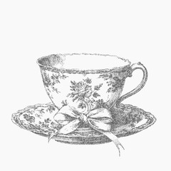 Vintage cup tied with a bow, gritty paper surface with stipple dots, ink grain and scattered dust, subtle threshold lines and soft worn texture.