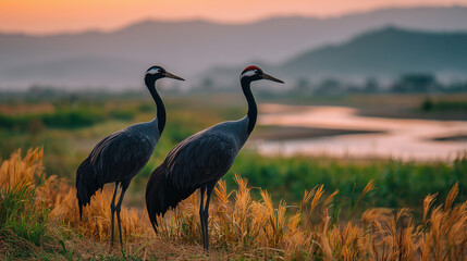 Obraz premium Majestic Cranes in a Golden Meadow A Serene Wildlife Scene at Sunset